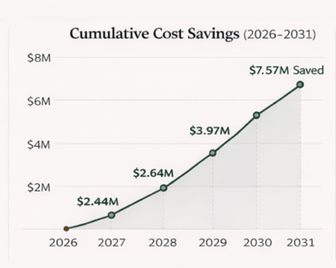 Cumulative costs in the original hypothetical six-year comparison.