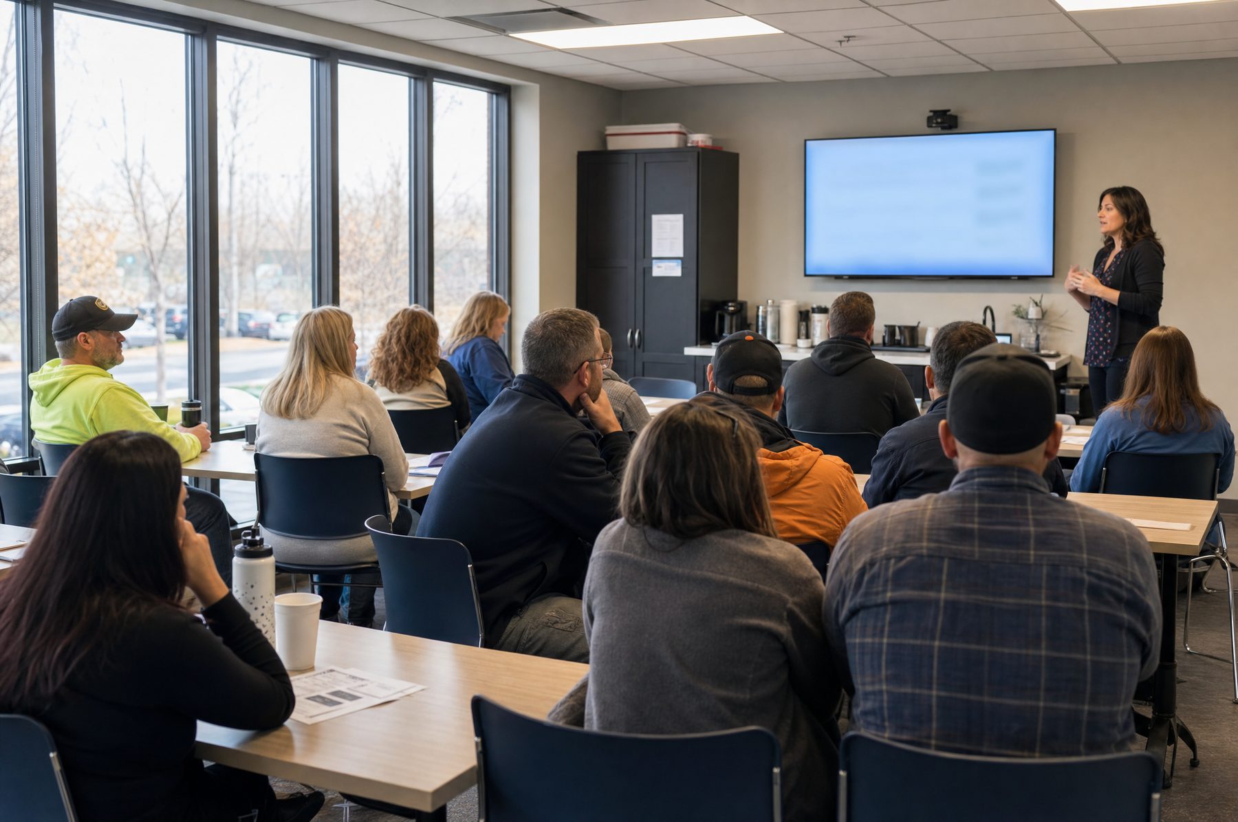 An open enrollment session in a company break room
