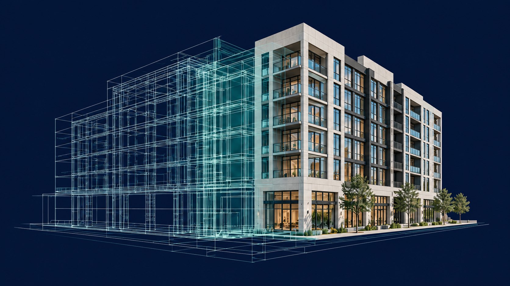 Architectural illustration of a mixed-use building transitioning from teal blueprint lines to a finished development on a navy background