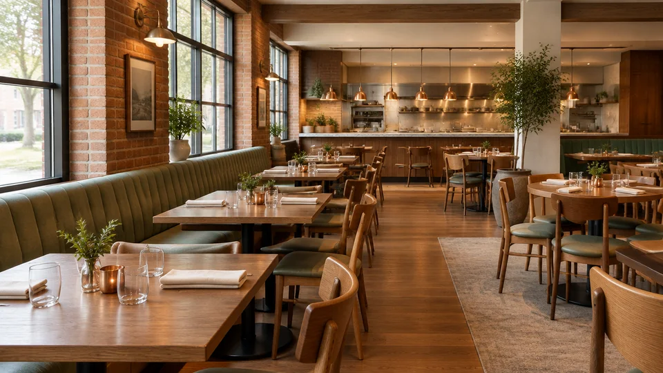 A restaurant dining room set for service, with warm wood tables and sage seating