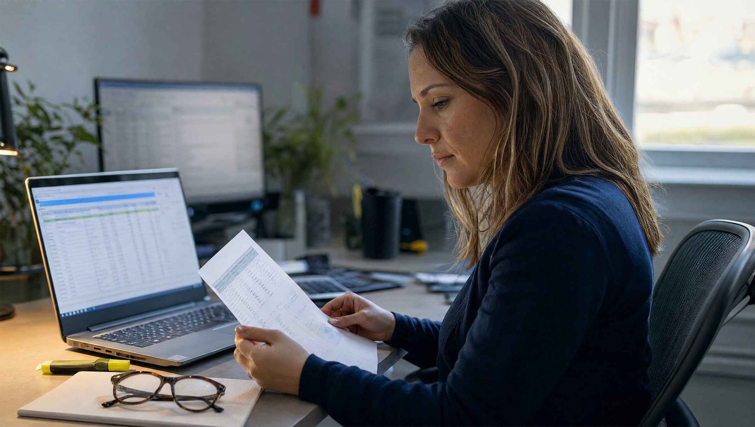 An analyst reviewing documents at her desk